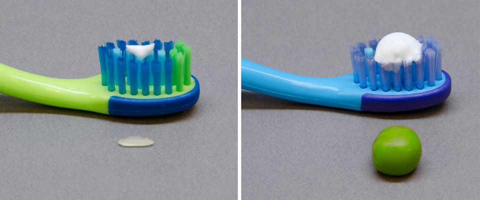 Photo showing how much toothpaste to use, grain of rice, pea size.