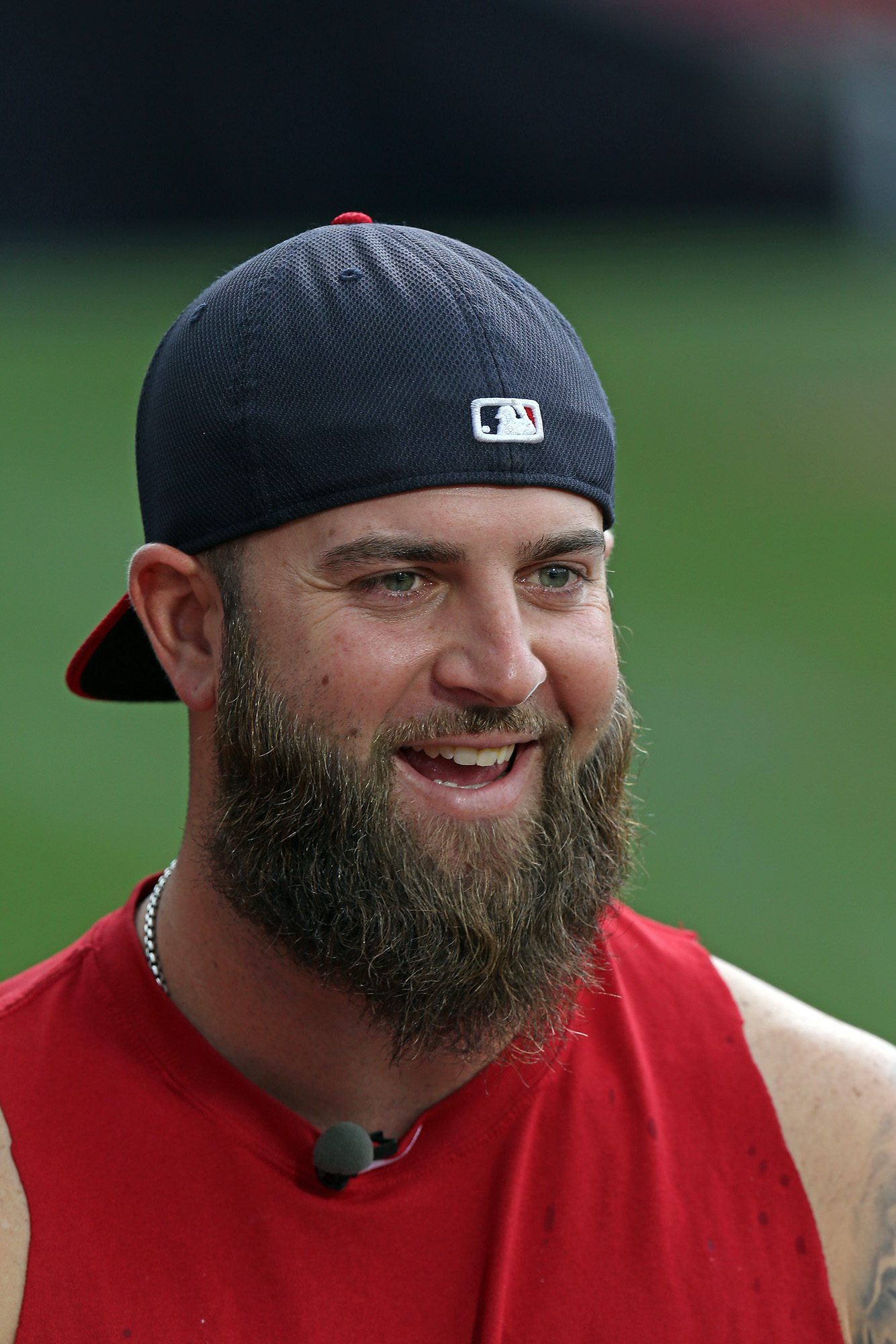 (Boston, MA,09/13/13) Boston Red Sox first baseman Mike Napoli (12) give a pre game interview as the Red Sox take on the Yankees at Fenway Park. Friday, September 13, 2013. (Staff photo by Stuart Cahill)