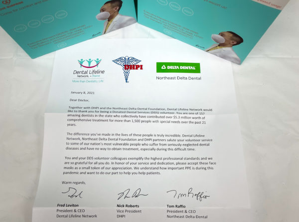 A letter and a gift from Dental Lifeline Network Dated 1/8/2021